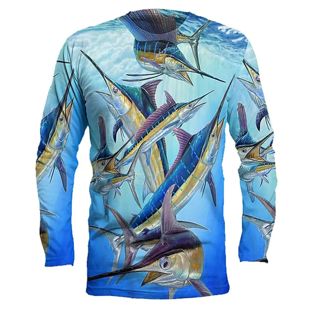 Men's grey round neck pullover with a colourful fish graphic print on the front.