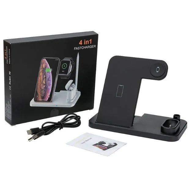 Black 4-in-1 wireless charging dock with phone on adjustable stand, Apple Watch, AirPods, and Apple Pencil on charging pads.