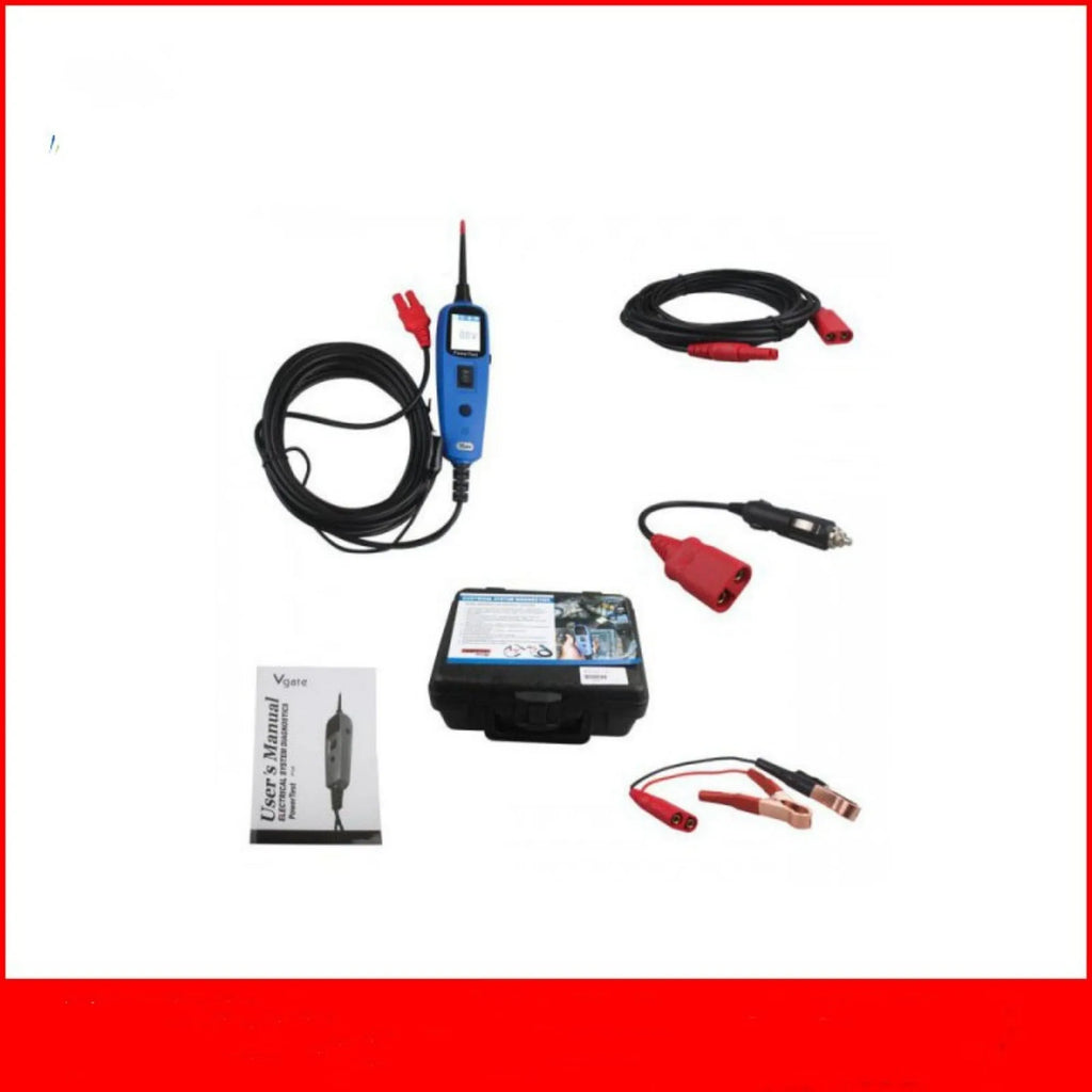 Blue automotive power circuit test pen with colour display, extension cable, and accessories in a blow moulded case.