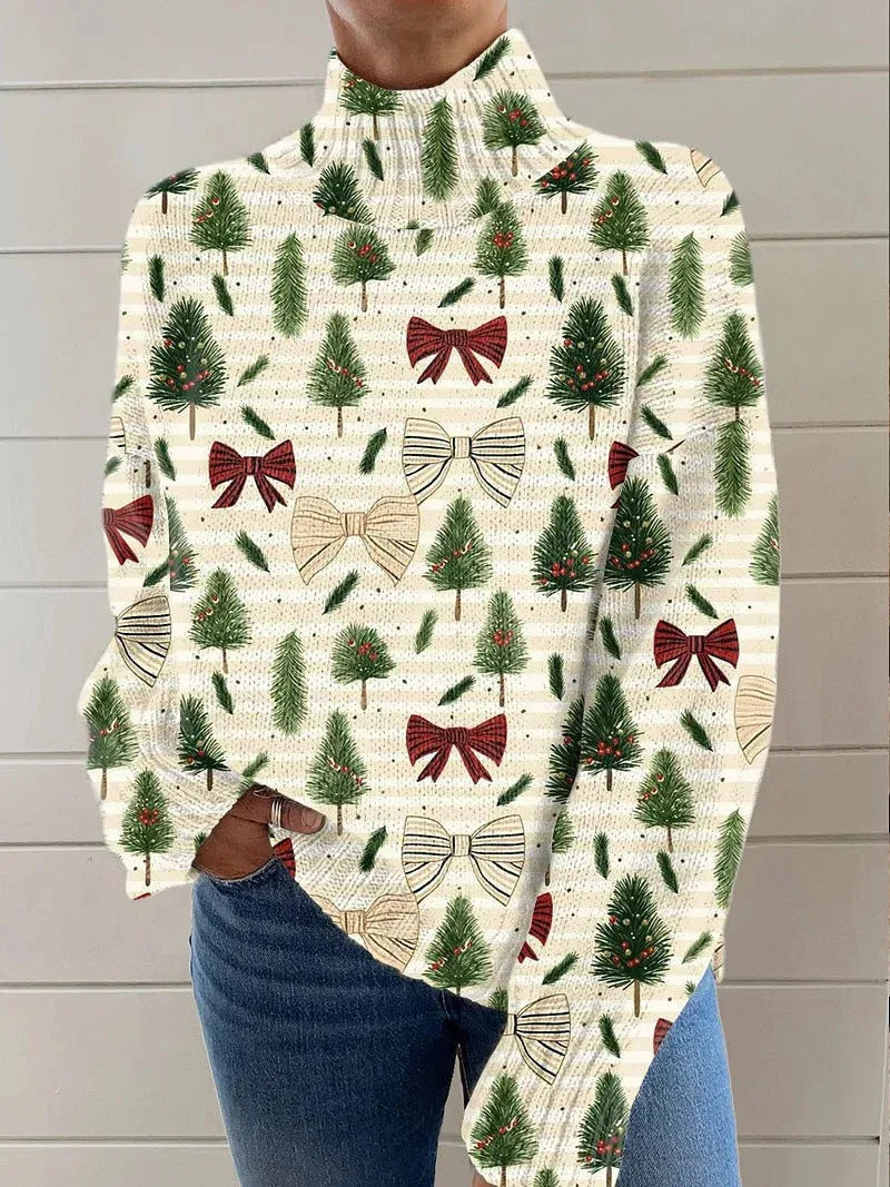 A woman wearing a loose-fit, macaron-coloured Christmas printed turtleneck sweater with long sleeves.
