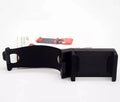 Black universal car steering wheel mobile phone holder made of ABS plastic shown mounted on a steering wheel.