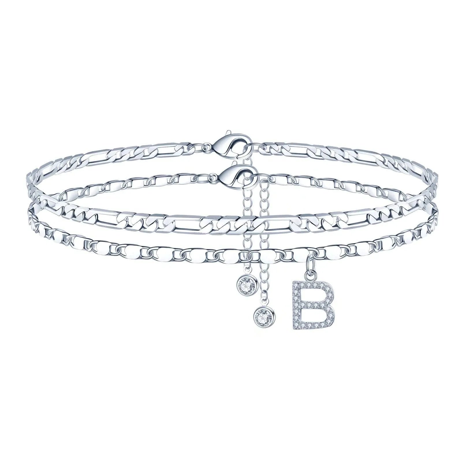 Copper double-circle bead anklet with silver colour finish showing customisable letter styling options