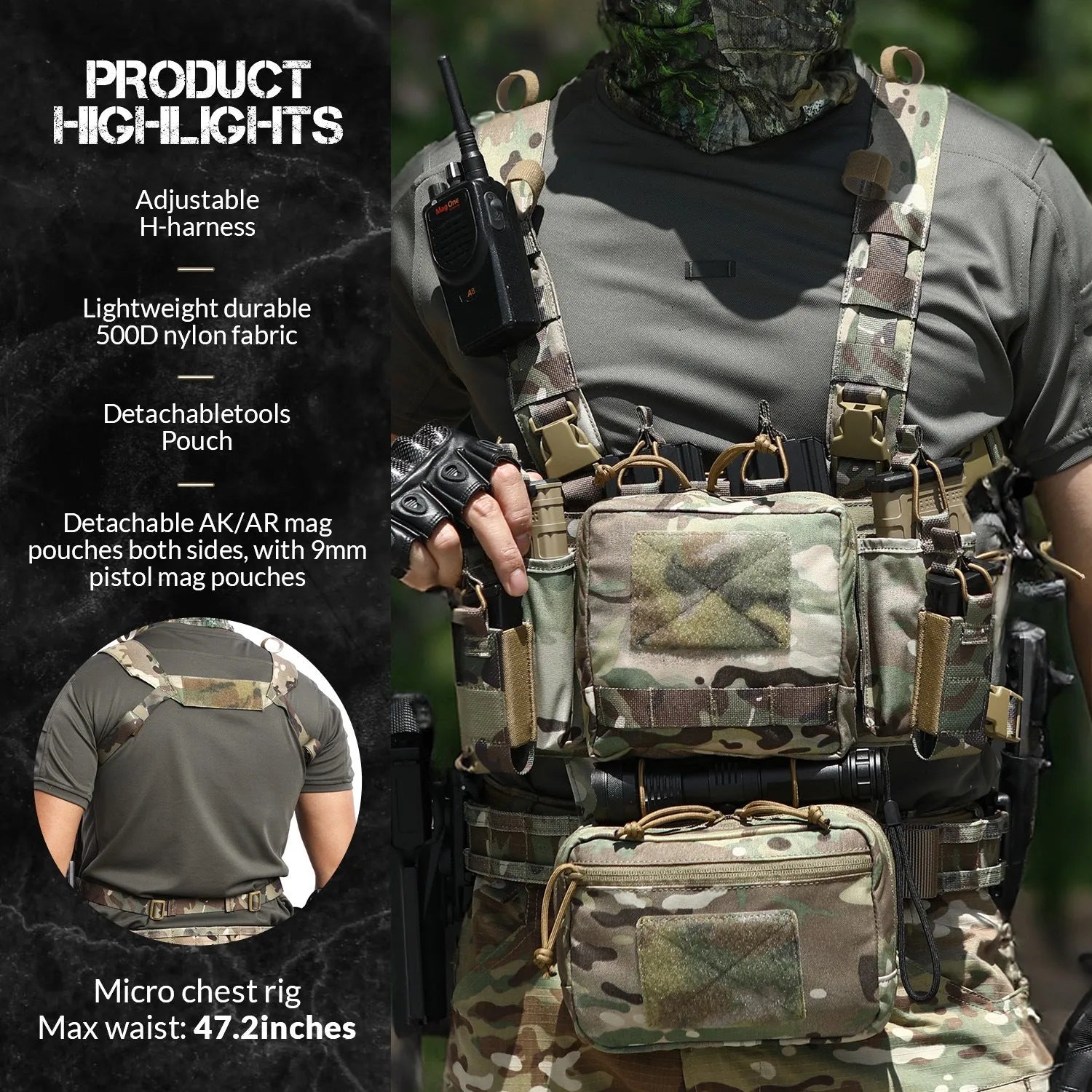 Lightweight tactical chest hanging bag large full set in All Terrain Camouflage 500D nylon with YKK zipper