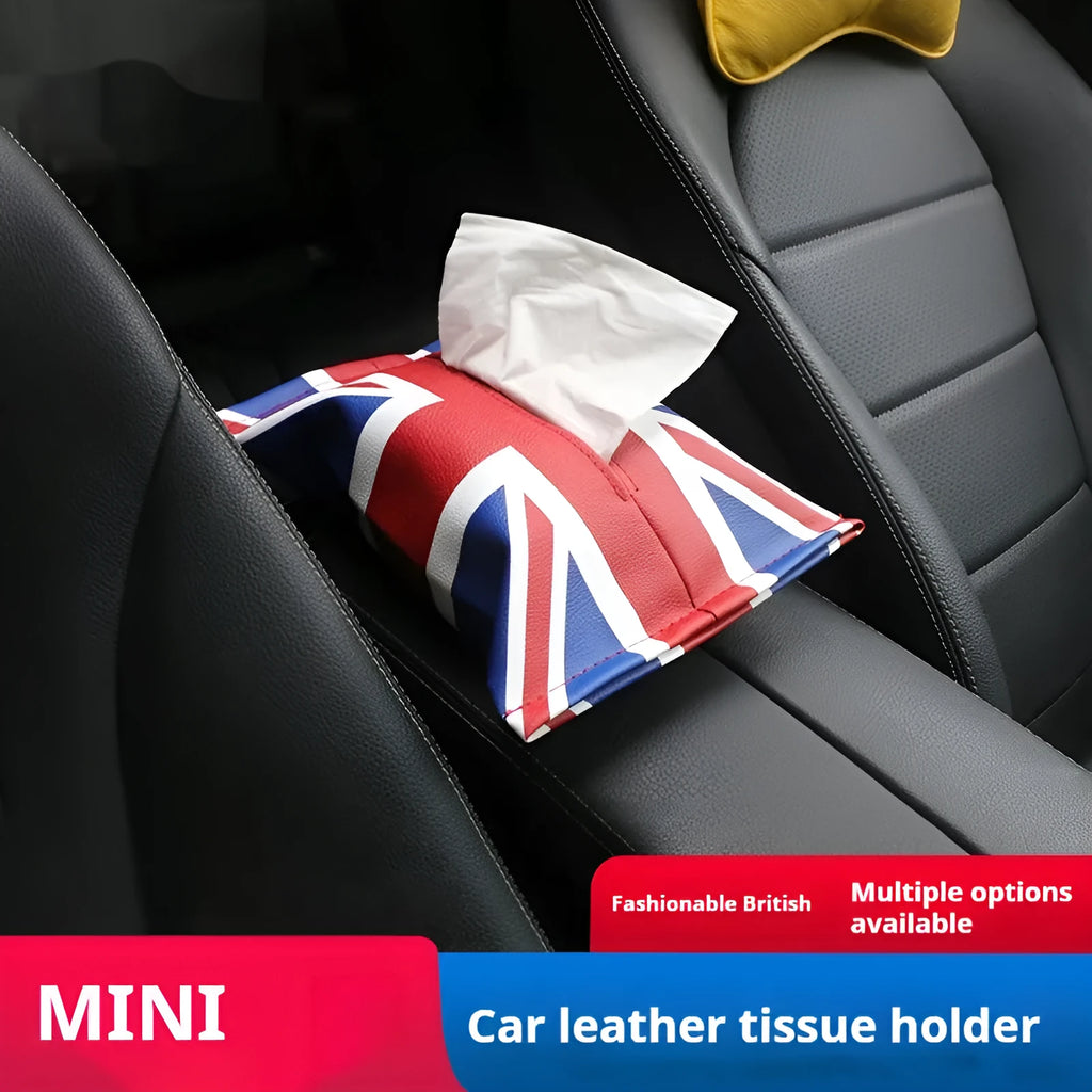 Mini car tissue box with British Union Flag design in leather, 18cm long 27cm wide