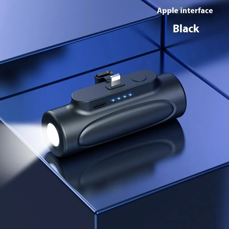 Black plastic power bank with integrated LED flashlight, showing USB-C port, dimensions 83x27x41mm.