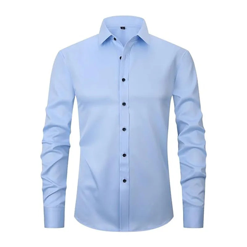 Men's long sleeve polyester work shirt on a hanger, shown in a light colour, demonstrating its professional style.
