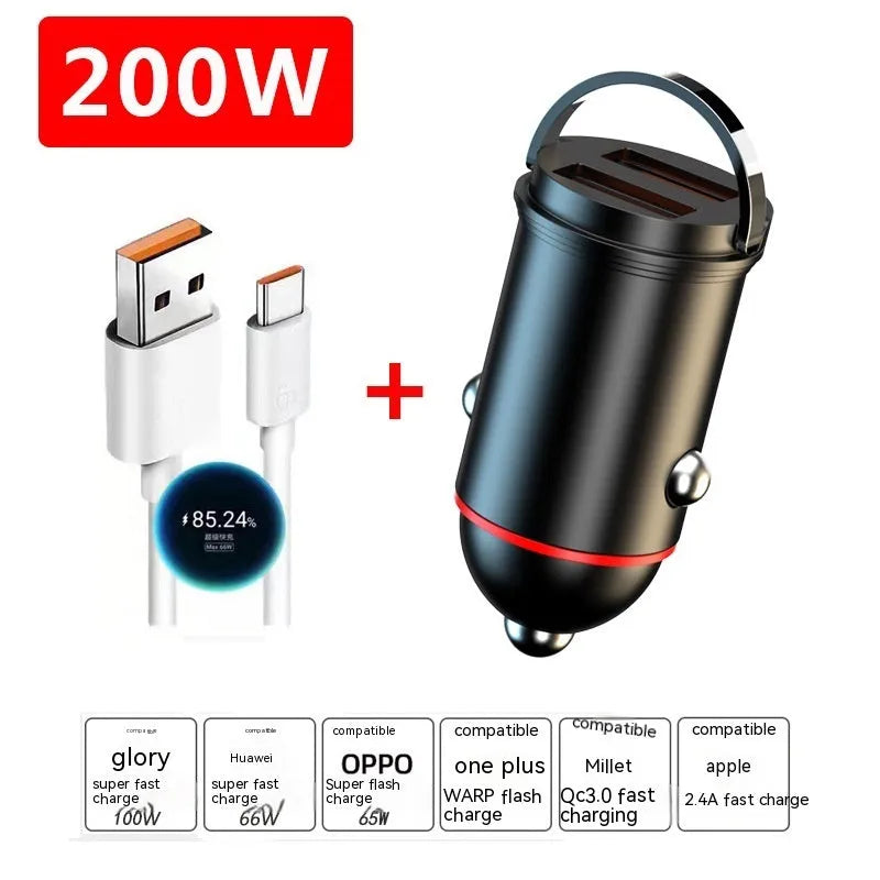 Black car charger with zinc alloy construction showing USB port and 200W fast charging capability