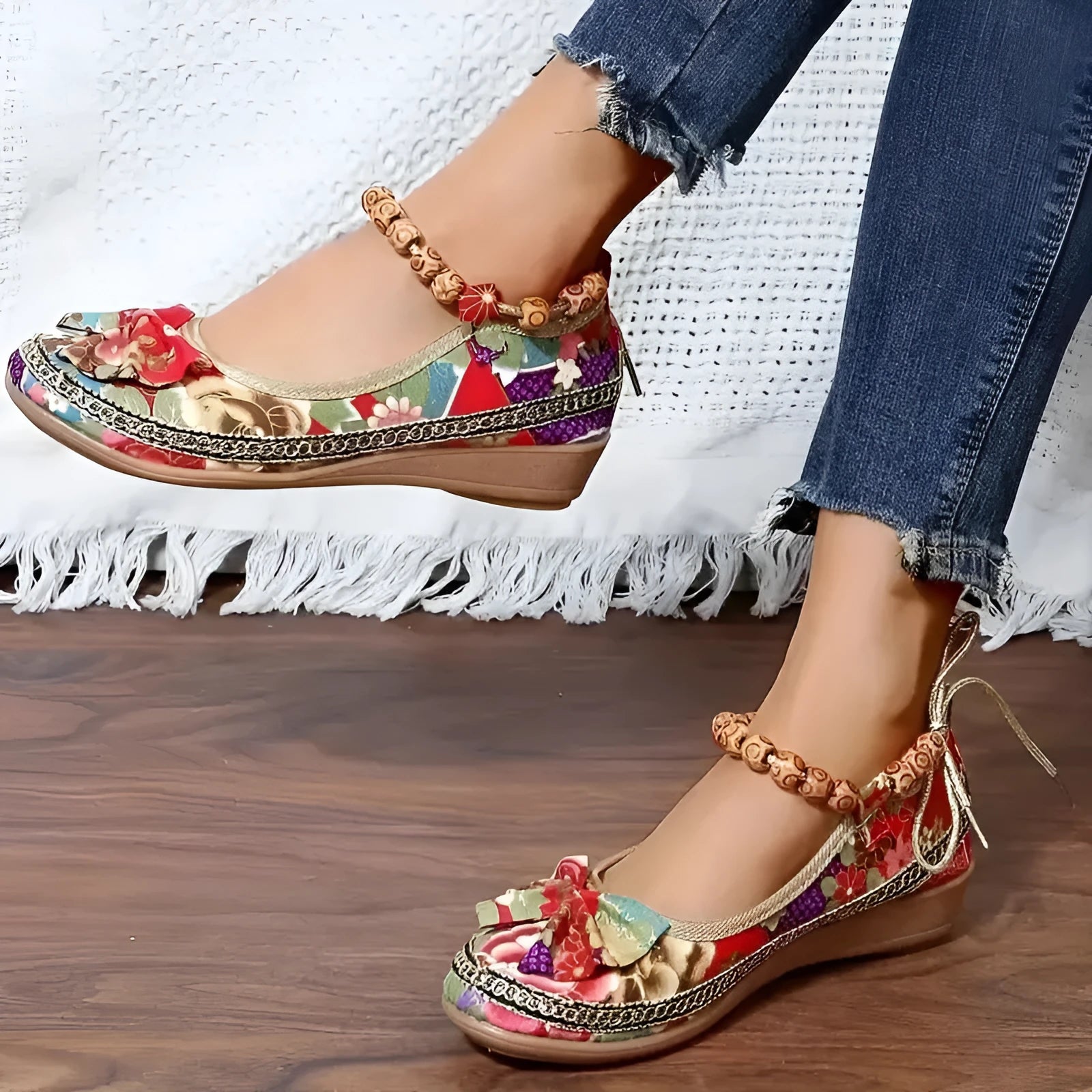 Women's black ethnic style platform sandals with elastic band and round toe on a cloth upper.