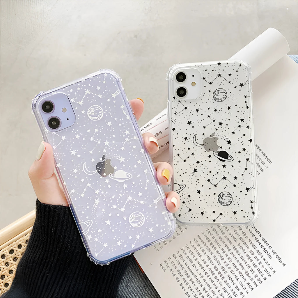 Planet frosted transparent TPU PC back cover phone case for iPhone with painted starry sky design
