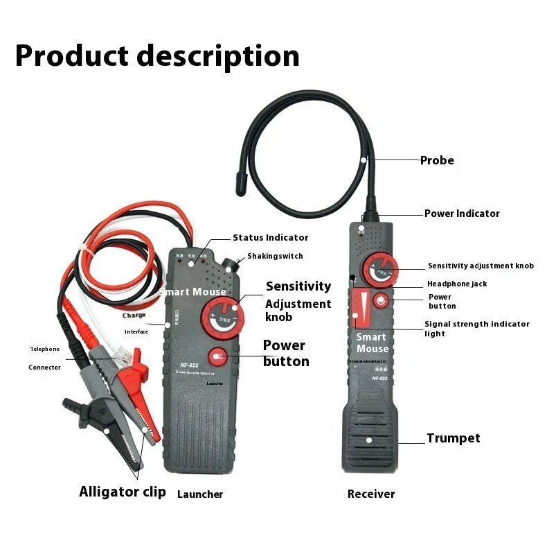 Line finder buried wire cable tester with transmitter and receiver on a workbench