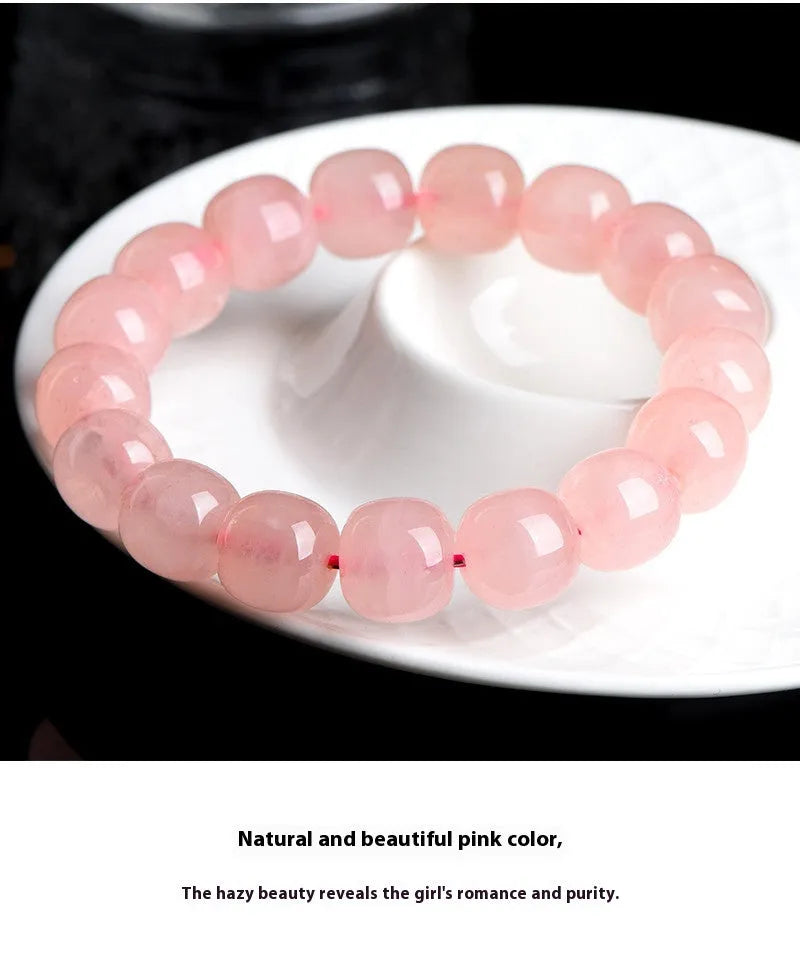 Natural pink crystal barrel bead bracelet geometric design 8x10mm