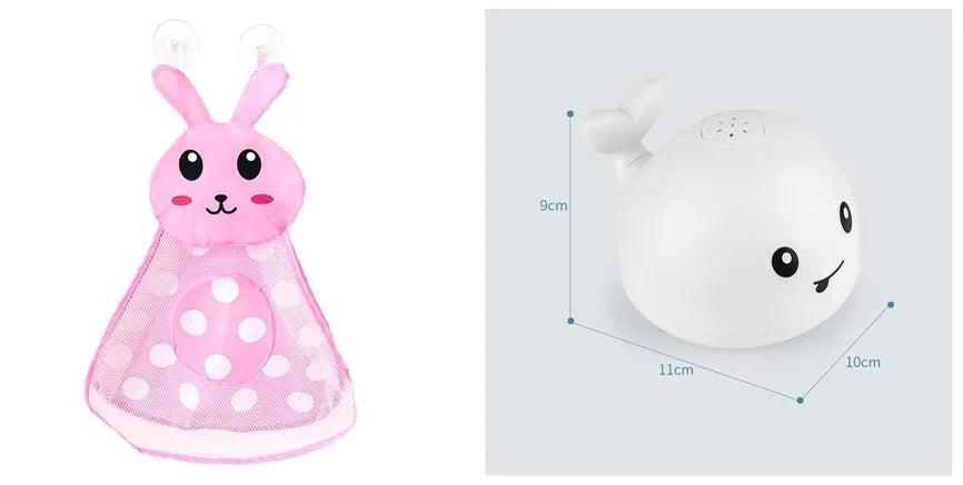 Electric whale-shaped bath spray toy with water-activated automatic spray, LED lights, and floating capability