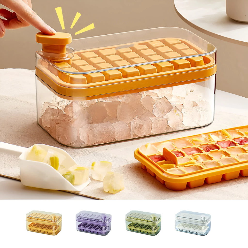 Green one-button press ice cube tray mould with transparent lid and storage box