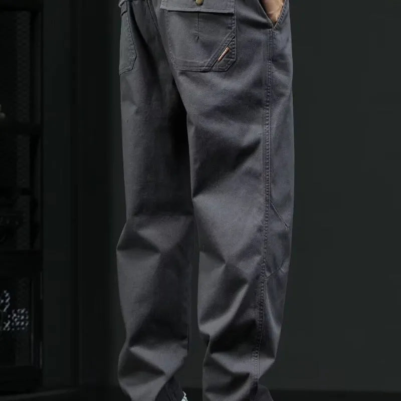 Men's casual straight leg cotton trousers in gray, mid waist loose fit