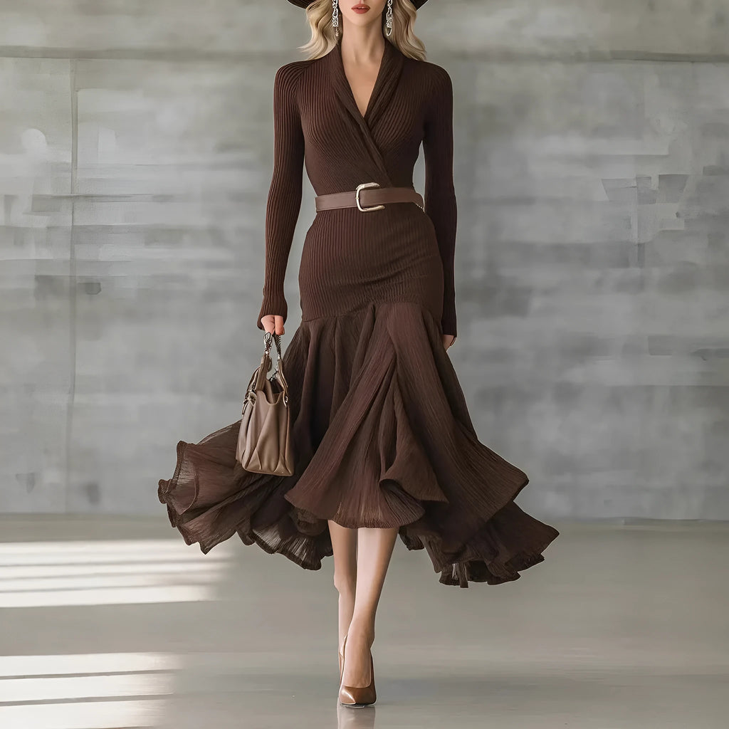 Dark brown stitching V-neck long-sleeve dress with high waist, long asymmetric skirt, and large swing shape