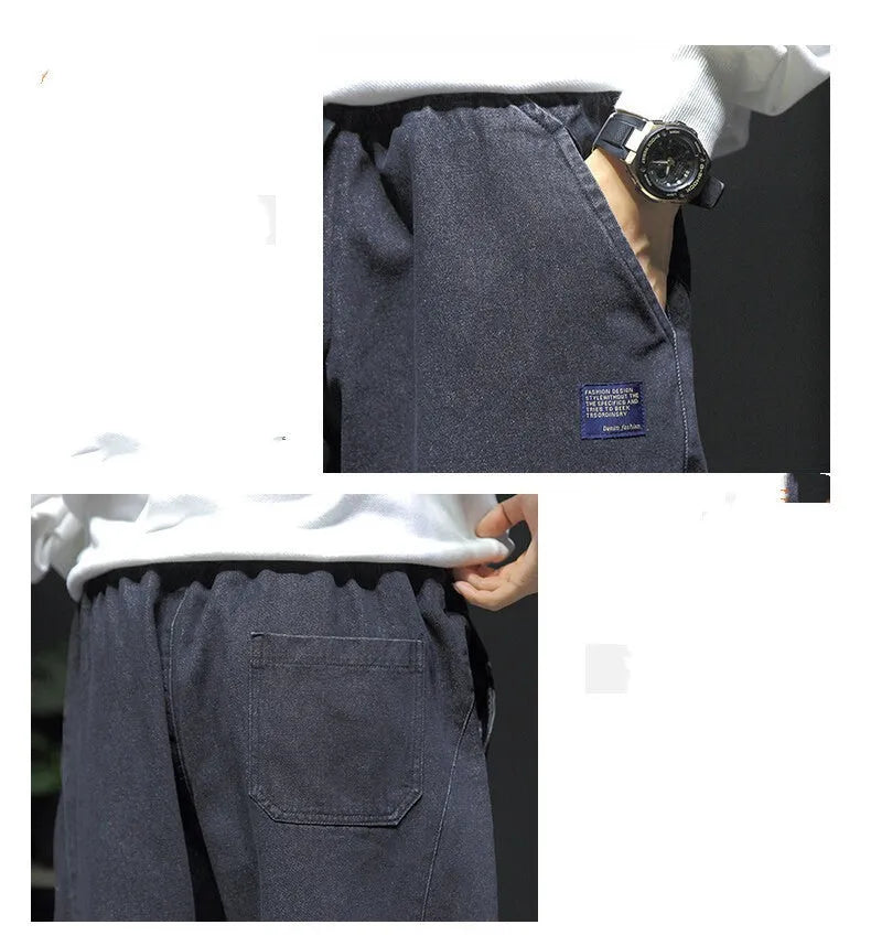 Oversized loose fitting jeans for men in dark grey, black, and blue cotton blend, mid-rise waist, sizes M to 8XL