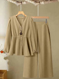 Women's long-sleeved two-piece suit in khaki with button front, woven polyester fabric