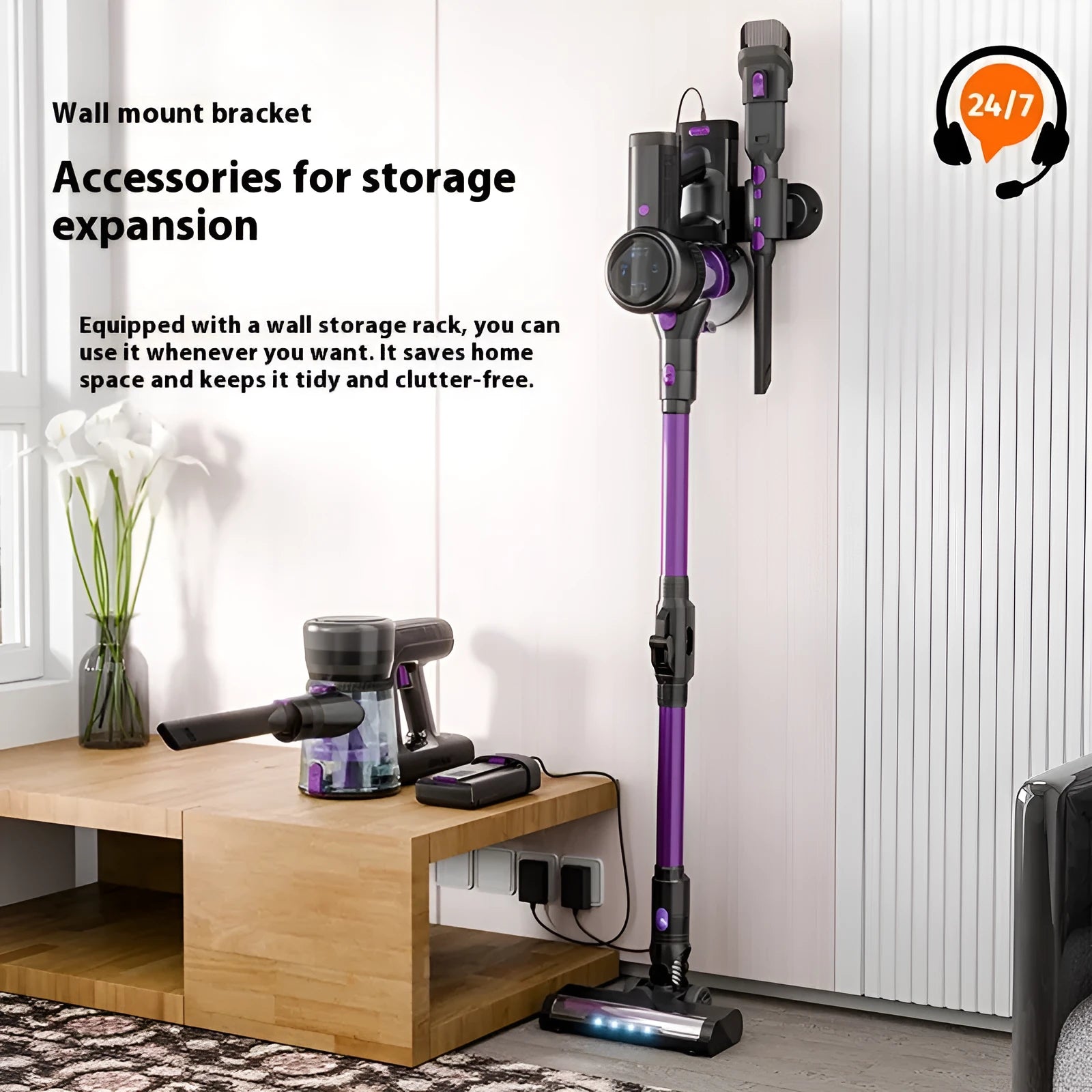 Black and purple brushless foldable handheld vacuum cleaner on a plain background