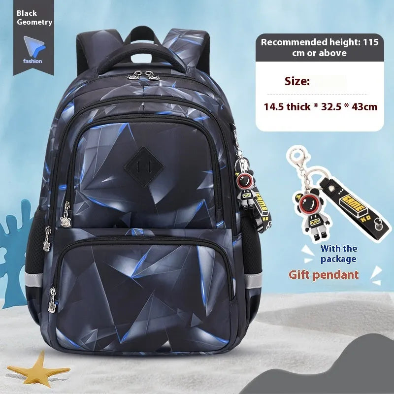 Children's waterproof Oxford cloth school backpack in dinosaur pattern with curved shoulder straps