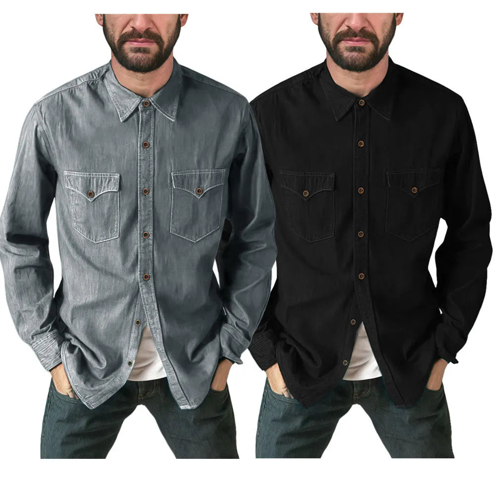 A long denim cardigan coat in a regular fit, shown in one of four available colours.