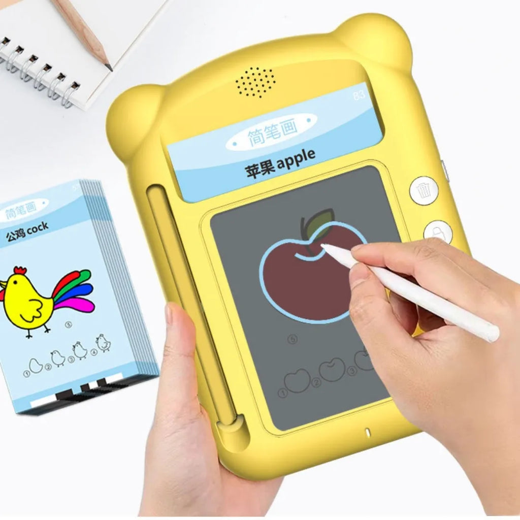 Yellow creative stick figure early education learning machine with bilingual cards on table