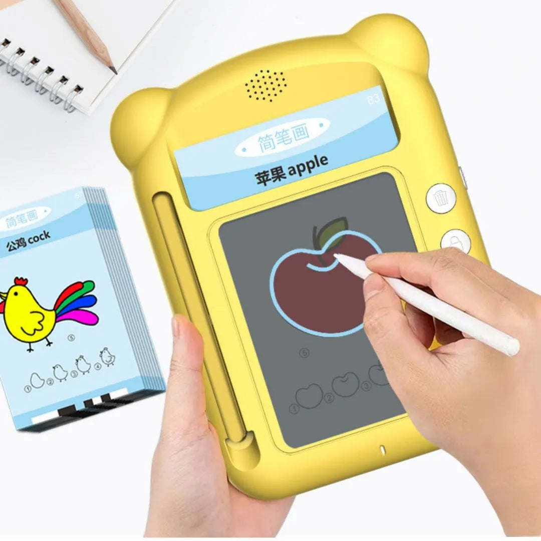 Yellow creative stick figure early education learning machine with bilingual cards on table