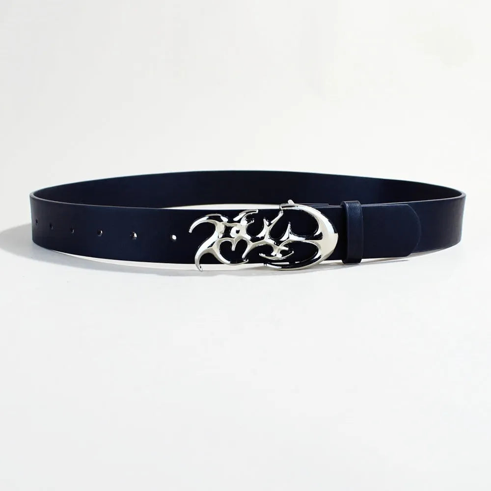 PU leather casual belt with silver alloy buckle showing snap button fastening mechanism