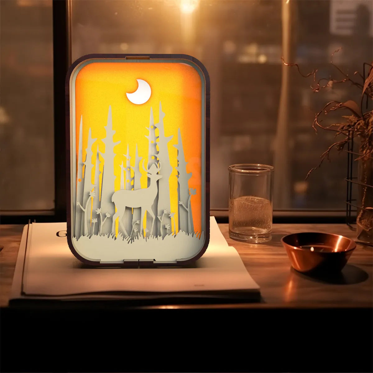Woodcarving night light with touch dimming in basswood or black walnut wood, 9.5x5x12.5 cm, laser engraved