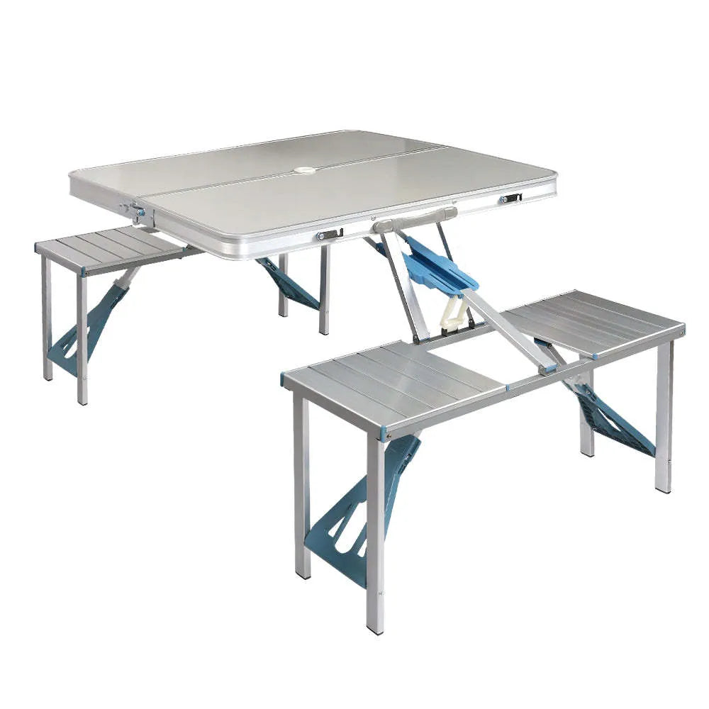 Aluminium alloy one-piece folding table and chair set in silver grey or blue, folded and expanded views, 85.5cm tabletop