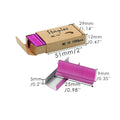 A box containing 1000 metal staples in colours rose gold, black, purple, and rose red for office use.