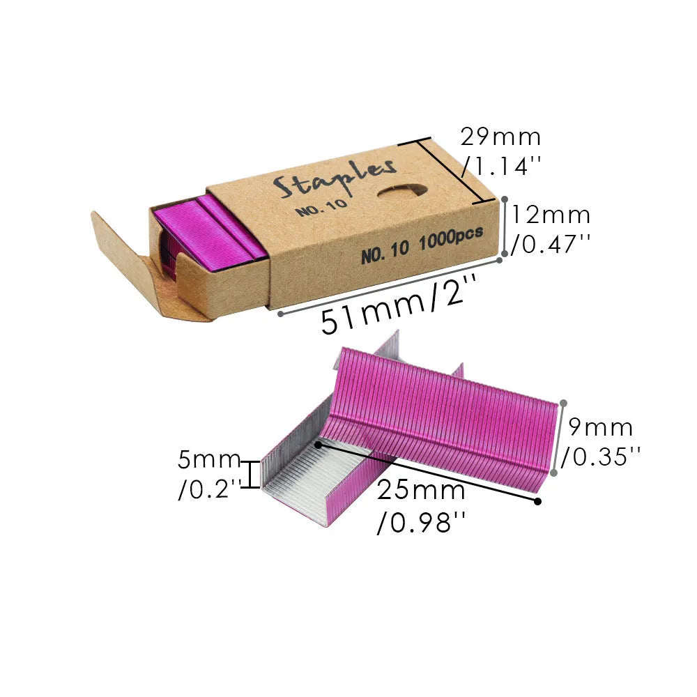 A box containing 1000 metal staples in colours rose gold, black, purple, and rose red for office use.