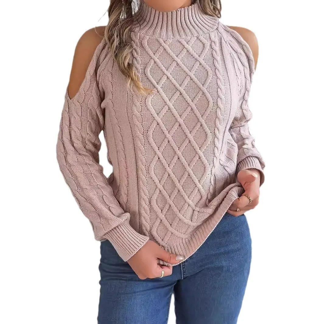 Women's casual strapless twist sweater with lantern sleeves and half-high collar in acrylic fabric