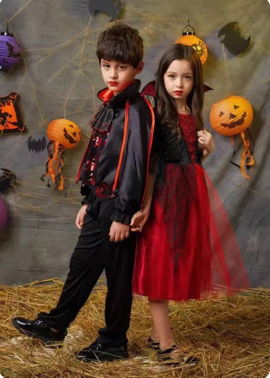 Children's Halloween witch costume suit in polyester fibre with cape and dress options, multiple sizes from 90cm to 170cm
