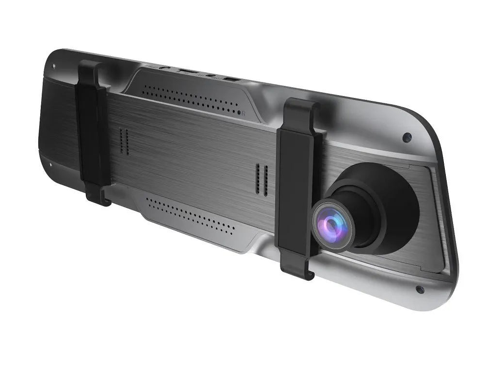 Black rearview mirror dash cam with 10-inch touch screen display, shown with car charger and mounting bracket.