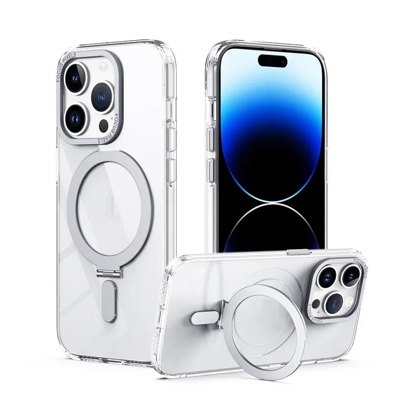 Magnetic charging phone case holder with invisible bracket for iPhone 11-15, black TPU PC sleeve