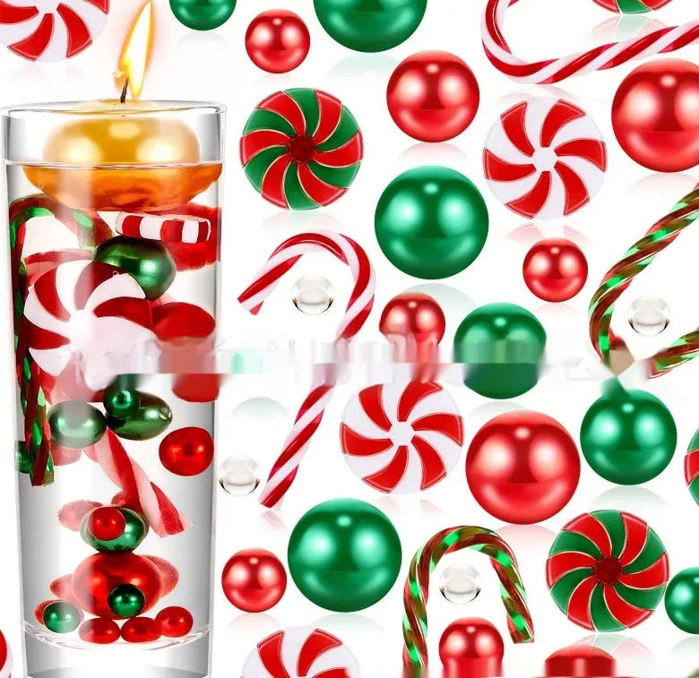 Two red floating stuffed vase Christmas decorations in cup shape on a wooden table
