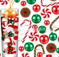 Two red floating stuffed vase Christmas decorations in cup shape on a wooden table