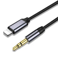 Nylon braided audio cable with 3.5mm jacks in black or silver, showing length options.