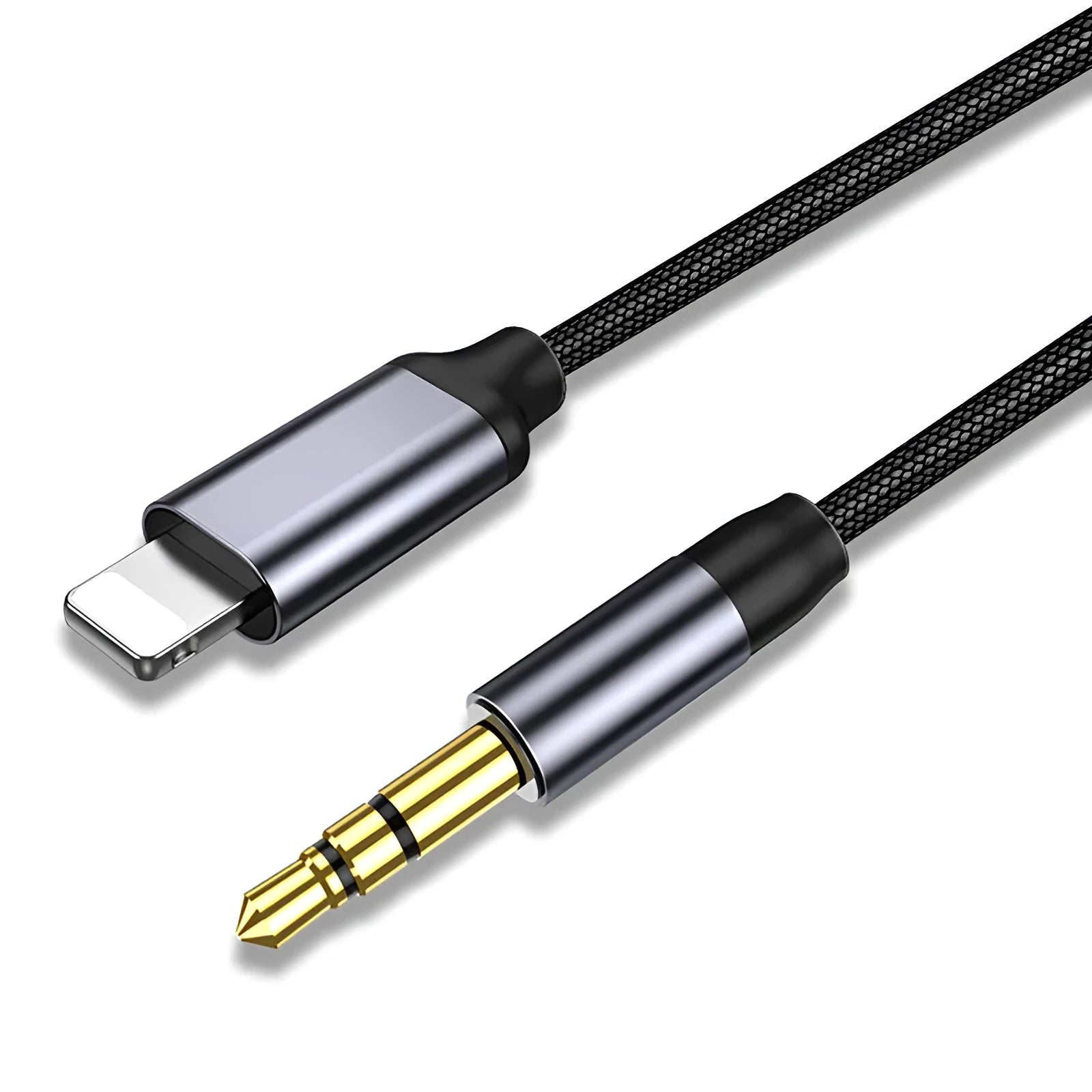 Nylon braided audio cable with 3.5mm jacks in black or silver, showing length options.