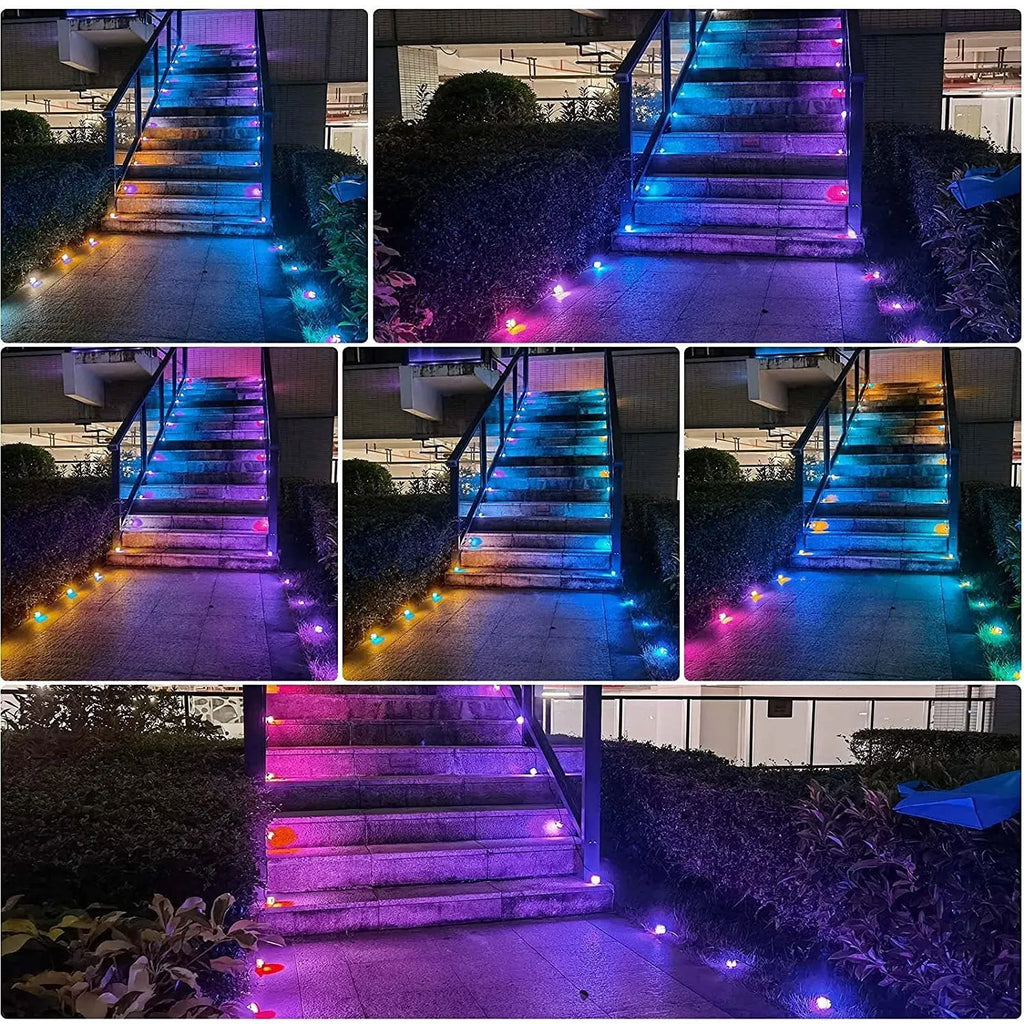 White RGB outdoor LED deck light 10-pack with solar panel and remote control, IP67 waterproof