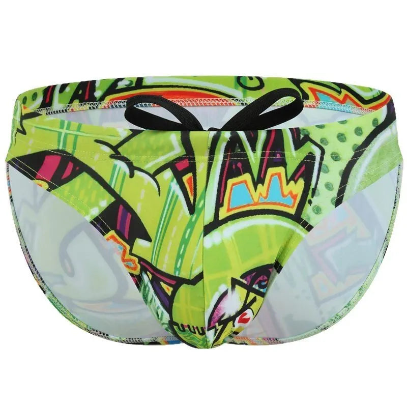 Men's printed polyester swim trunks in colour options ice cream, saibo, skull, streamer, sizes S to XL, front view