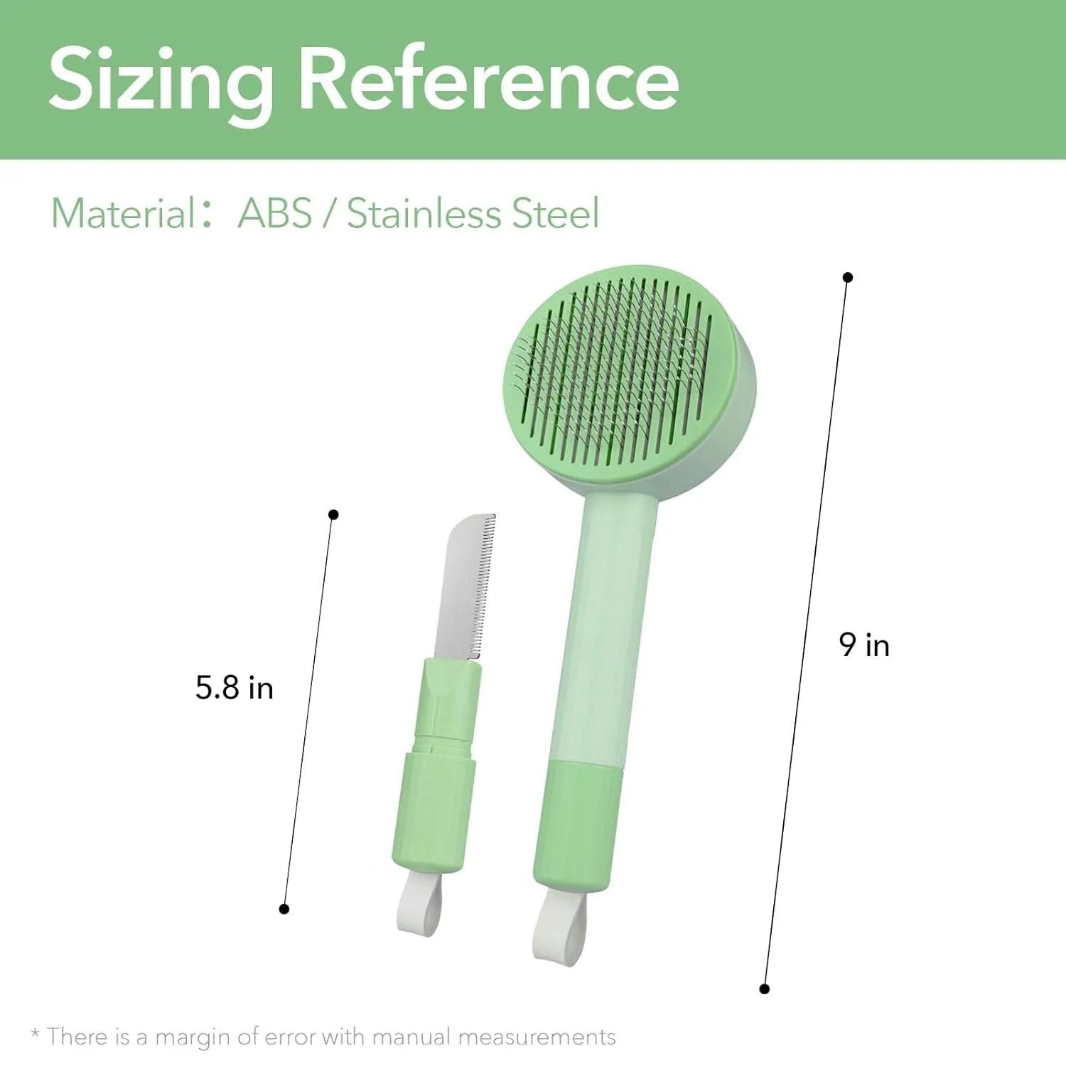 Green and yellow 2-in-1 cat grooming brush with stainless steel deshedding tool and hanging loop
