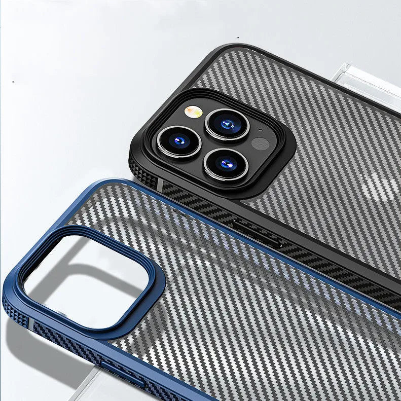 Black hybrid TPU and PC protective phone case with carbon fibre pattern for Apple iPhone 13 Pro model