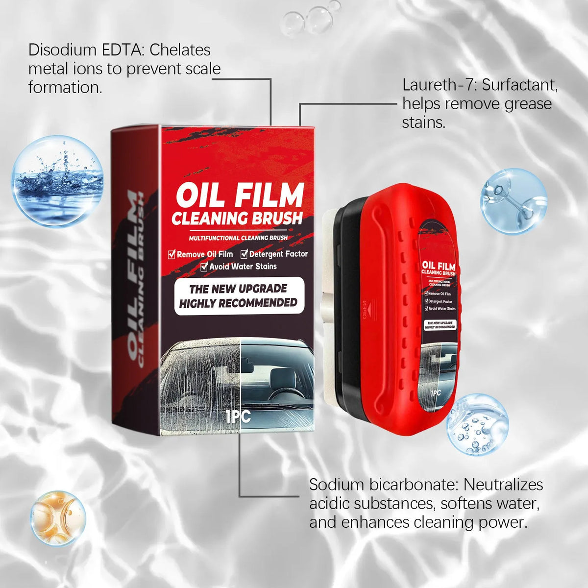 Car glass oil film cleaner with integrated liquid brush and reusable foam sprayer for windscreen cleaning