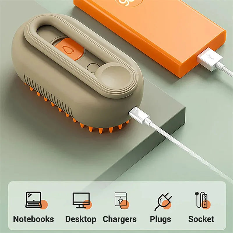 Porcelain White 3-in-1 Electric Steam Pet Brush with silicone bristles and USB charging port