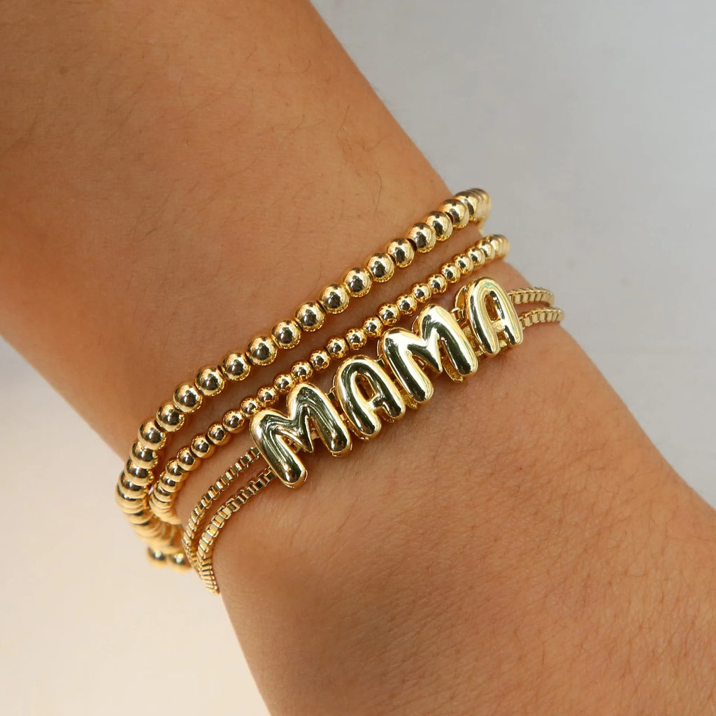 18k brass smooth surface bubble DIY letter bracelet with gold electroplated finish and letter pendant on white background