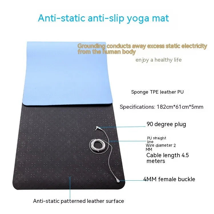 Blue conductive grounding yoga mat with plant flower pattern measuring 182x61cm