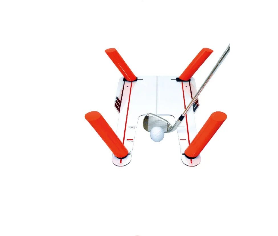 Transparent golf swing mirror on grass for putting practice with storage bag nearby