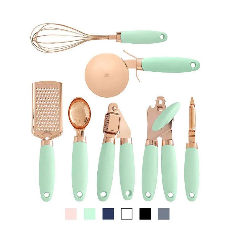 Stainless steel kitchen gadgets 7 piece set including bottle openers and can opener in a box.