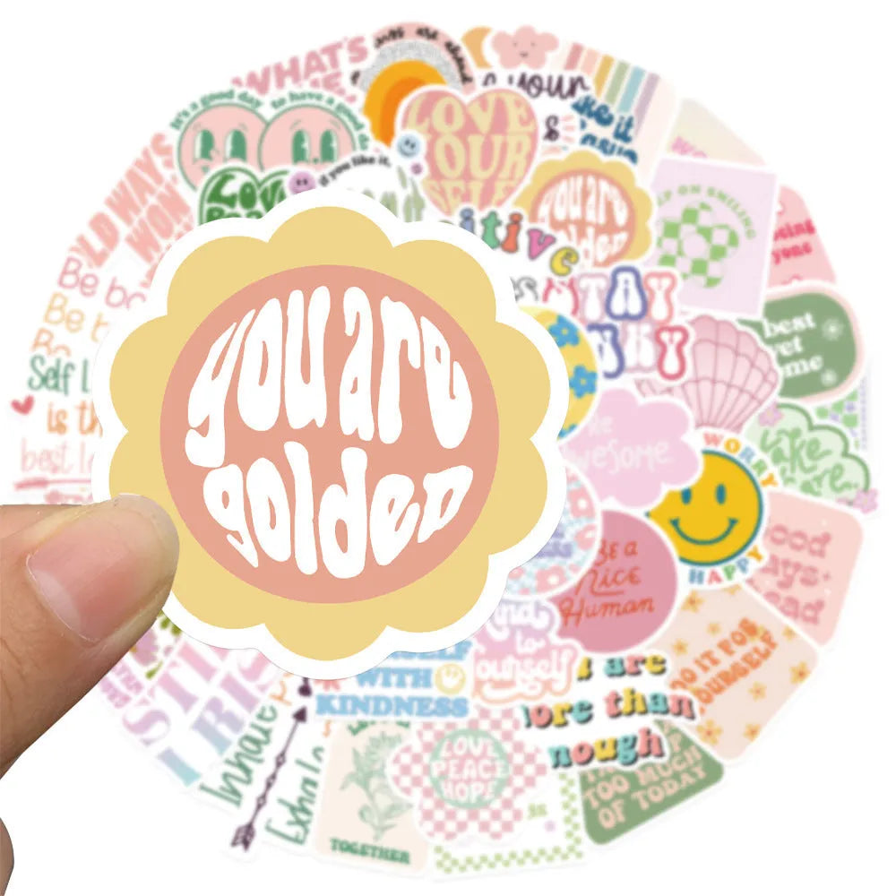 Danish pink motivational statement stickers with graffiti cartoon designs sized 4-6cm